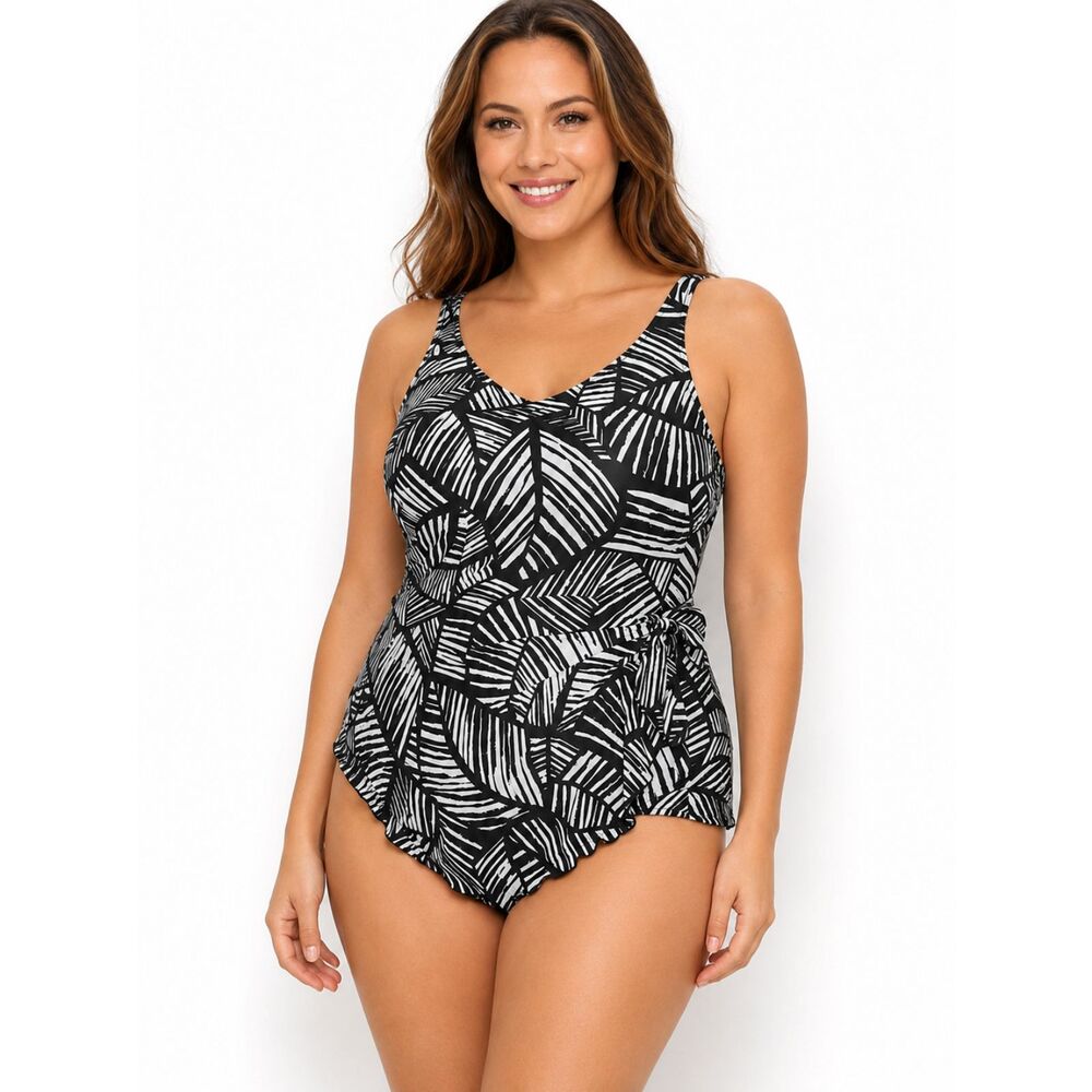 Maxine Of Hollywood Sarong Palm Print One Piece  Swimsuit Size 12